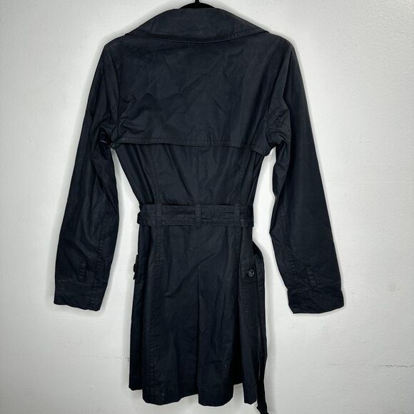 Guess Black Button Down Belted Trench Coat Navy and Green Plaid Interior M - Picture 5 of 13